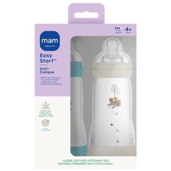 Set med 2 nappflaskor - MAM - Enkel start - Anti-kolik - 320 ml - Flow 3 napp - Ocean + Sand