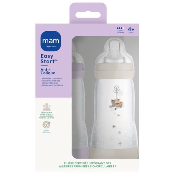 Set med 2 nappflaskor - MAM - Enkel start - Anti-kolik - 320 ml - Flödeshastighet 3 napp - Lila + Sand