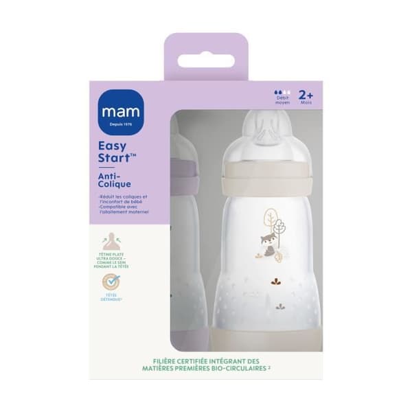 Set med 2 nappflaskor - MAM - Enkel start / Anti-kolik - 260 ml - Flow 2 napp - Lila + Sand