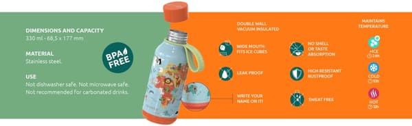 Quokka Solid Kids med rem - Rostfri termoflaska 330 ml med rem (zebror)