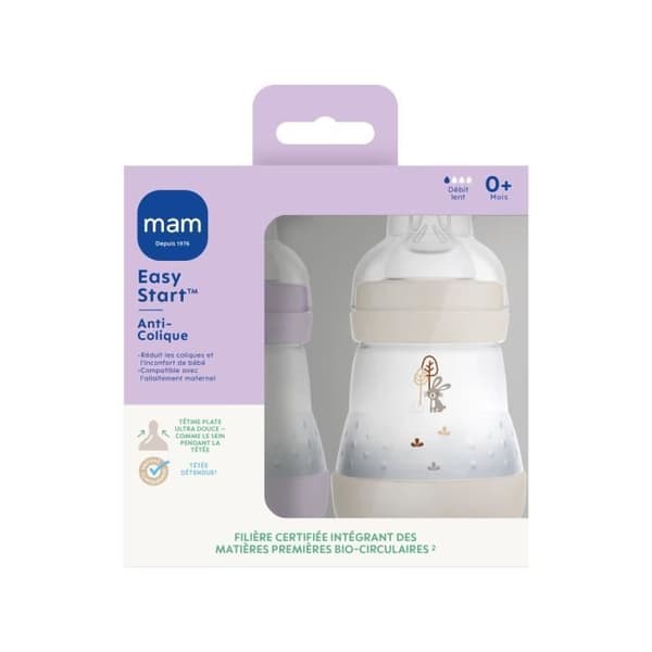 Set med 2 nappflaskor - MAM - Enkel start - Anti-kolik - 160 ml - Flow 1 napp - Lila + Sand