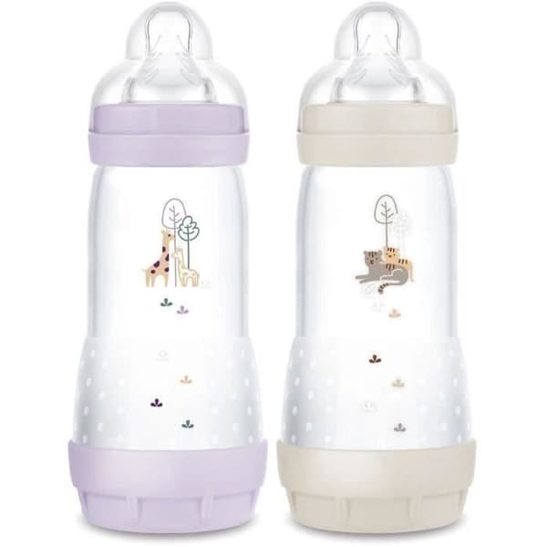Set med 2 nappflaskor - MAM - Enkel start - Anti-kolik - 320 ml - Flow 3 napp - Lila + Sand