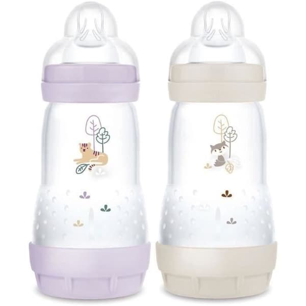 Set med 2 nappflaskor - MAM - Enkel start / Anti-kolik - 260 ml - Flow 2 napp - Lila + Sand