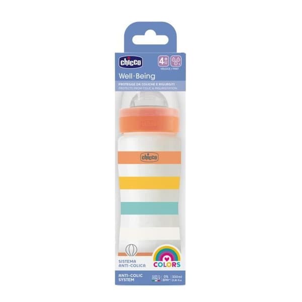 Chicco Well-Being Nappflaska 330ml - Silikonnapp - snabbt flytande - 4m+ Orange