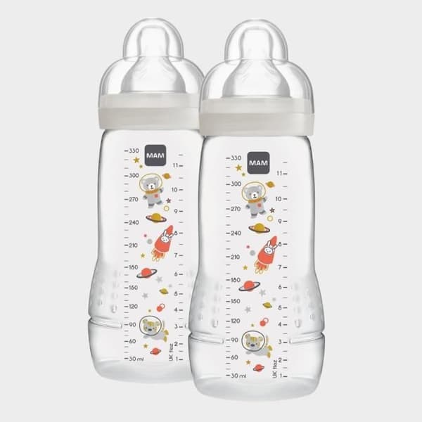 Mam Easy Active - Set av 2 nappflaskor med napp i storlek 3, snabbt flöde, 330 ml, Grå