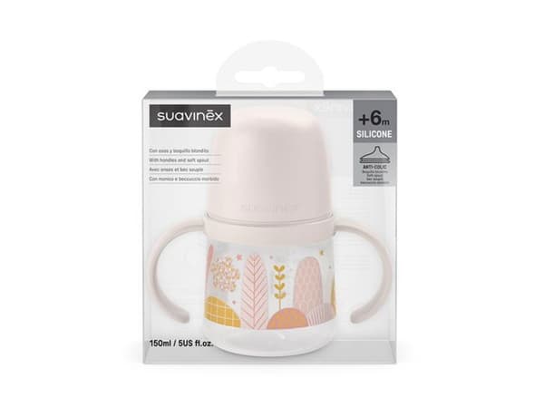 Nappflaska med anti-kolik silikonhandtag och pip 150 ml +6 månader