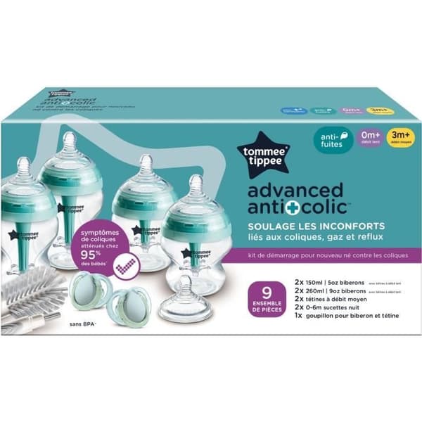 Nappflaskset - TOMMEE TIPPEE - Avancerad antikolik - 4x 150 ml / 260 ml nappflaskor - 2x nappar - Antikolik - Nyfödd