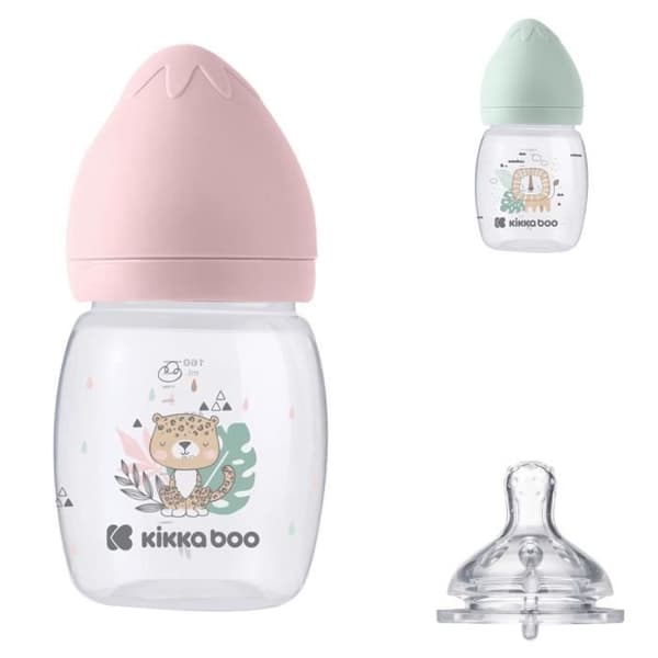 Kikkaboo Biberon Savanna 180 ml, Antikoliknapp, bred öppning [Rosa]