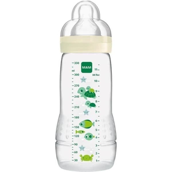 MAM Easy Active 2nd Age Gul nappflaska 330ml - X Flow napp - Vid hals - Bisfenol A fri