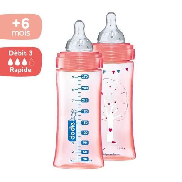 Dodie Initiation+ koliikkia ehkäisevä tuttipullo, 3 nopeutta +6 kk, Dancer Pink, 2 x 330 ml pakkaus