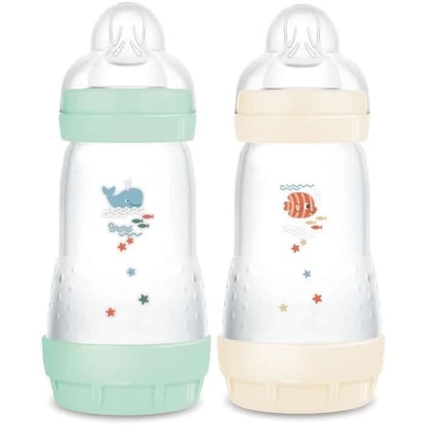 Set med 2 nappflaskor - MAM - Easy Start - Klassisk antikolik - 260 ml - Flödeshastighet 2 nappar - Mint + bomull