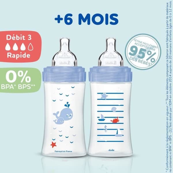 DODIE Sæt med 3 Sensation+ Anti-kolik flasker 330 ml + 6 måneder, flad sut, flowhastighed 3 - havblå og luftgrøn
