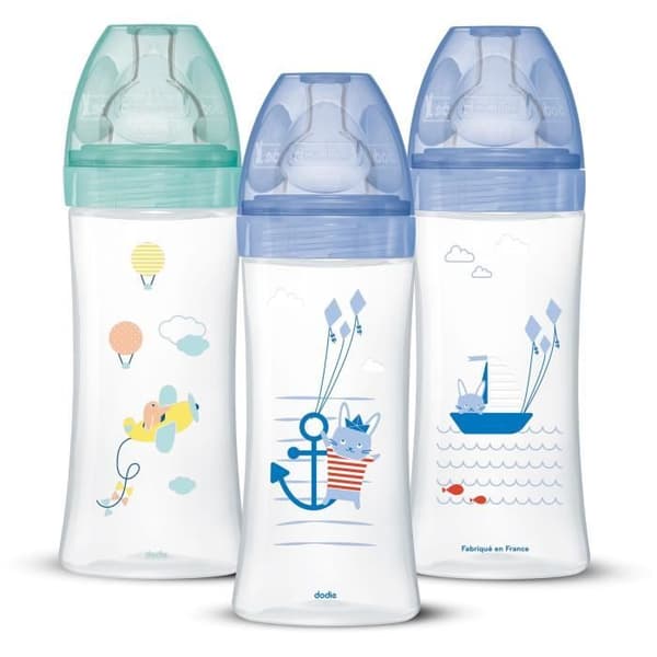 DODIE Sæt med 3 Sensation+ Anti-kolik flasker 330 ml + 6 måneder, flad sut, flowhastighed 3 - havblå og luftgrøn