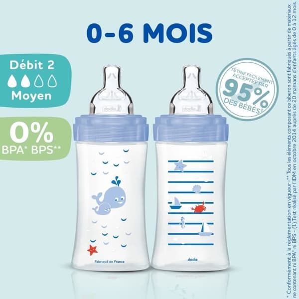 Pakke med 3 Sensation+ antikolik-babyflasker 270 ml, 0-6 måneder, flad sut, flowhastighed 2 - havblå og luftgrøn