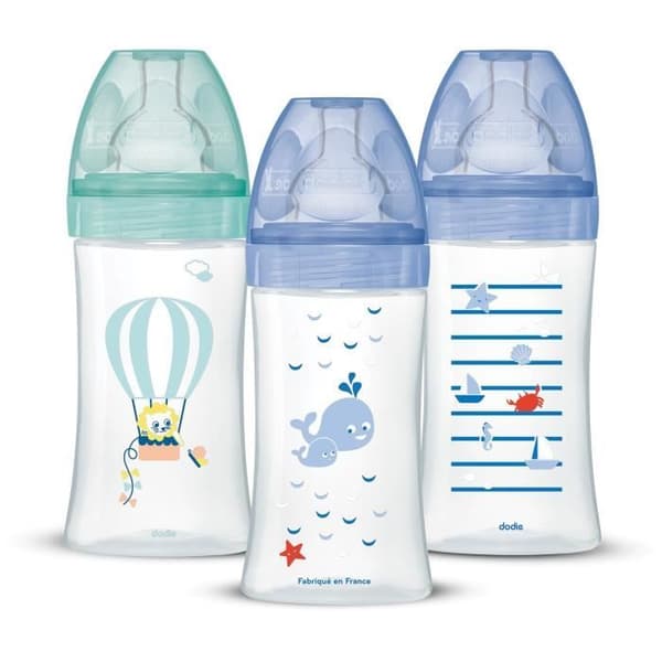 Pakke med 3 Sensation+ antikolik-babyflasker 270 ml, 0-6 måneder, flad sut, flowhastighed 2 - havblå og luftgrøn