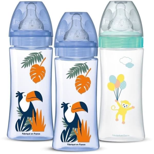 Sæt med 3 sutteflasker - DODIE - Anti-kolik - Runde sutter - 330 ml - +6 måneder - 3 hastigheder - Flow 3 - Blå og grøn