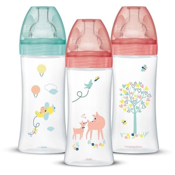 Dodie Set med 3 Sensation+ Antikolik Nappflaskor, Flicka, 330 ml, +6 månader, Platt Napp, Flödeshastighet 3