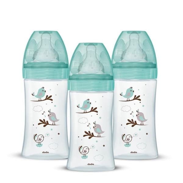 3 kpl pakkaus DODIE Anti-Colic Initiation+ -tuttipulloja - lasia - 270 ml - 0-6 kuukautta - pyöreä tutti - virtausnopeus 2