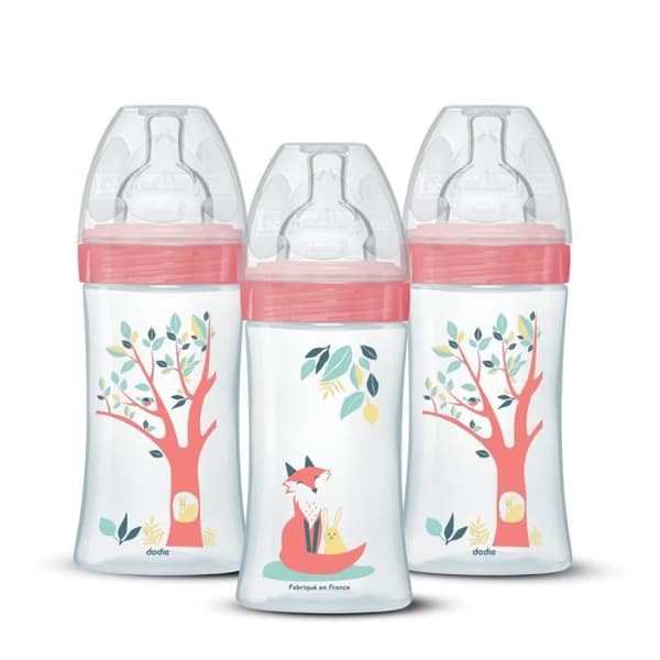 Set med 3 nappflaskor - DODIE - EB20 - 270 ml - Platt napp - Rosa
