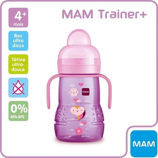 Transition nappflaska - MAM - Rosa hjärta - 220ml - Ultramjuk napp - Läcksäker pip - Handtag
