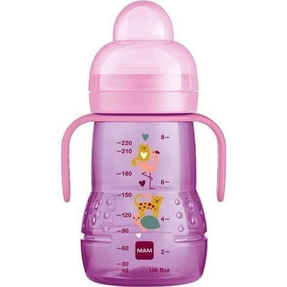 Transition nappflaska - MAM - Rosa hjärta - 220ml - Ultramjuk napp - Läcksäker pip - Handtag