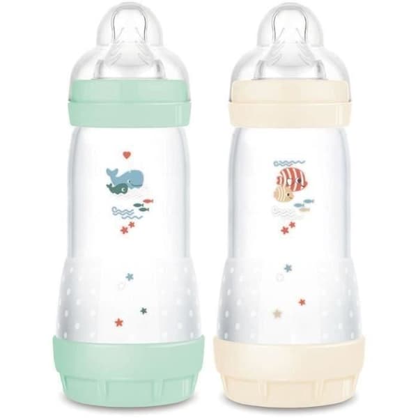 2 tuttipullon pakkaus - MAM - Easy Start - Classic - koliikkia ehkäisevä - 320 ml - Flow 3 -tutti - minttu + puuvilla