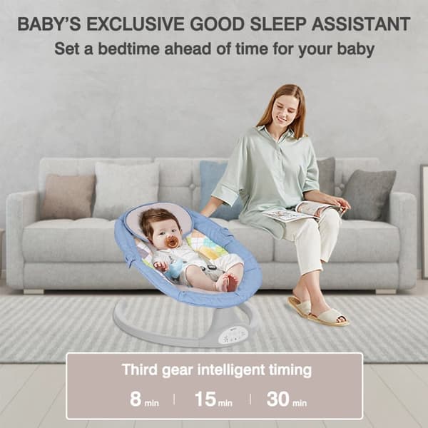 Elektrisk babyrocker med musik, automatisk rocker med myggenet, 5-gears babygynge, 0-12 måneder, 0-9 kg, blå