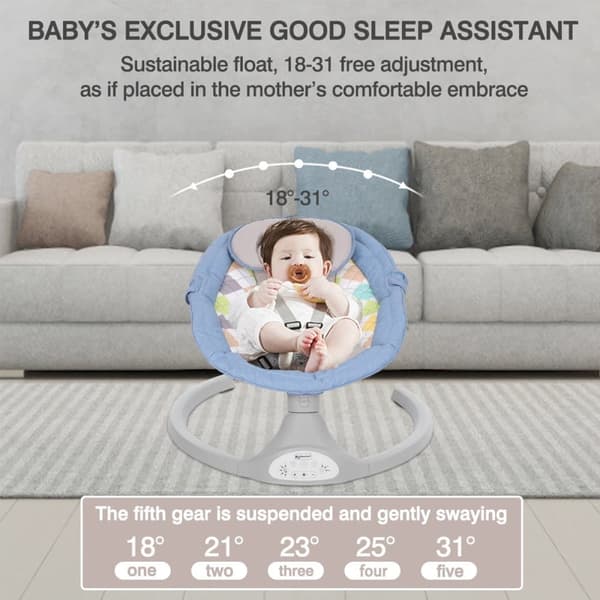 Elektrisk babyrocker med musik, automatisk rocker med myggenet, 5-gears babygynge, 0-12 måneder, 0-9 kg, blå