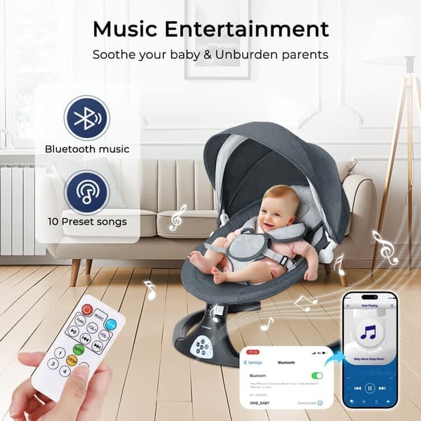 Babygunga, elektrisk bluetooth babyrocker, 5 gunghastigheter, 3 sittställningar, adapter och batteridriven, svart