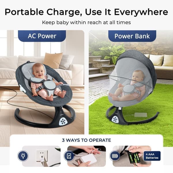 Babygunga, elektrisk bluetooth babyrocker, 5 gunghastigheter, 3 sittställningar, adapter och batteridriven, svart