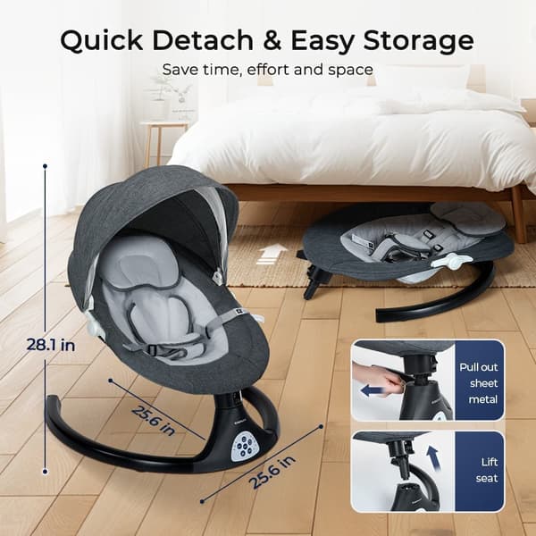 Babygunga, elektrisk bluetooth babyrocker, 5 gunghastigheter, 3 sittställningar, adapter och batteridriven, svart