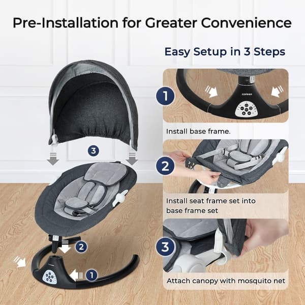 Babygunga, elektrisk bluetooth babyrocker, 5 gunghastigheter, 3 sittställningar, adapter och batteridriven, svart