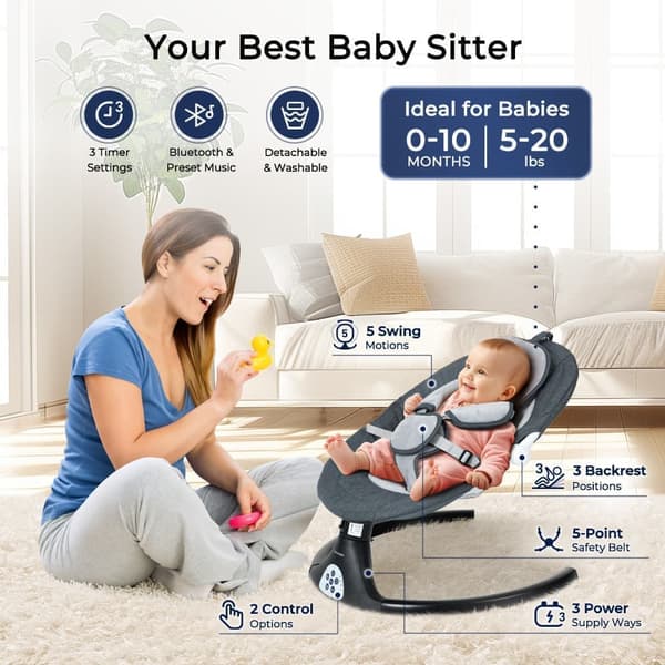 Babygunga, elektrisk bluetooth babyrocker, 5 gunghastigheter, 3 sittställningar, adapter och batteridriven, svart