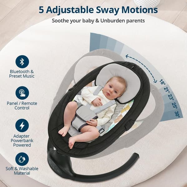 Baby Rocker sähköinen vauvakeinu musiikilla, 5 tärinäamplitudin ajoitus, syntymästä 0-9 kg, musta