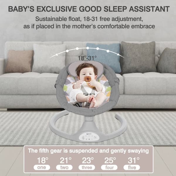 Bioby Baby Rocker Bluetooth-aktiverad lätt babygunga med naturlig gungande rörelse i 5 hastigheter, med fjärrkontroll, myggnät