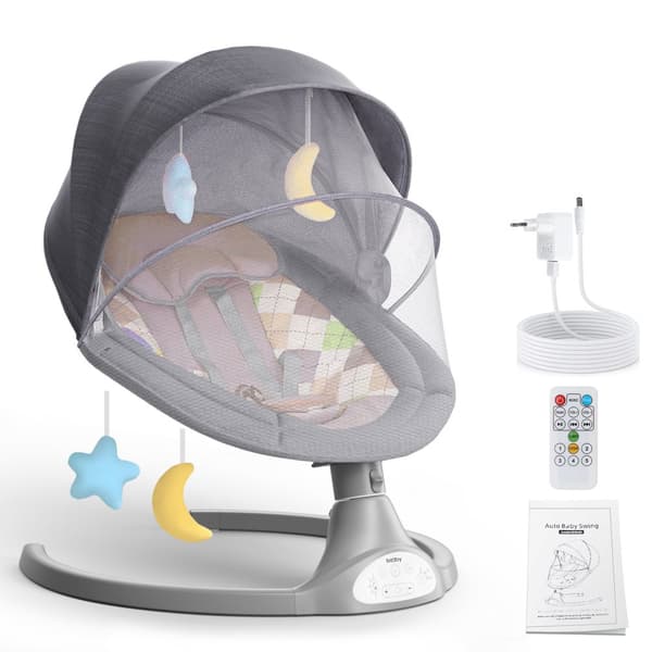 Elektrisk babygunga | Babygunga med 5-punktssele och 5 gunglägen, babygunga med Bluetooth-musik och fjärrkontroll, för 0-12 månader (2-9 kg), grå