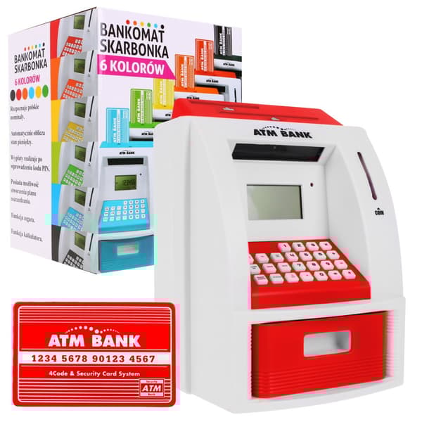ATM sparegris til b?rn 3+ r?d Interaktive funktioner + ATM kort