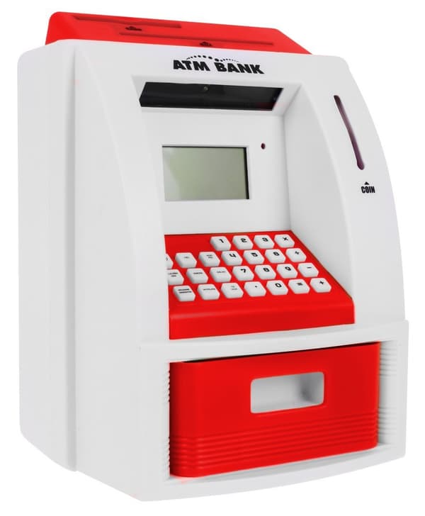 ATM sparegris til b?rn 3+ r?d Interaktive funktioner + ATM kort