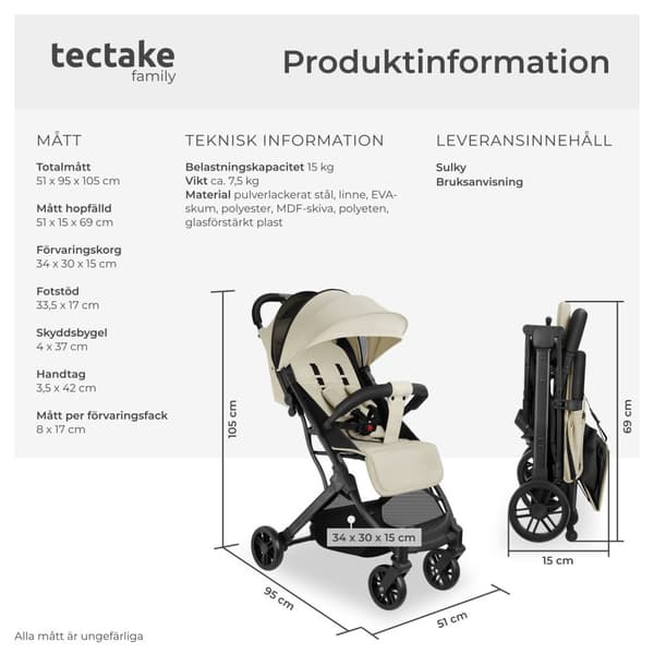 Hopfällbar barnvagn Finn med 5-punktsbälte - grå/beige