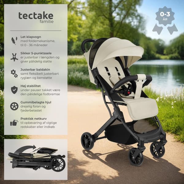 Buggy-klapvogn Finn, sammenklappelig, 5-punktssele - grå/beige