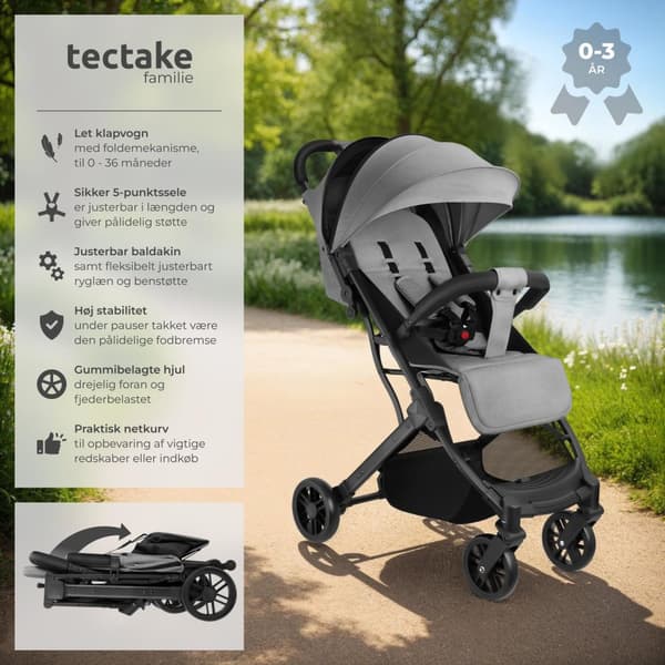 Buggy-klapvogn Finn, sammenklappelig, 5-punktssele - grå