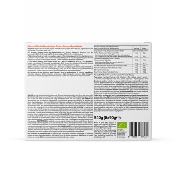 Fruktdesserter Mama bear - 52673 - Amazon-märke - Äpple-, banan-, päron- och aprikospuréer, 540g, 6-pack à 90g