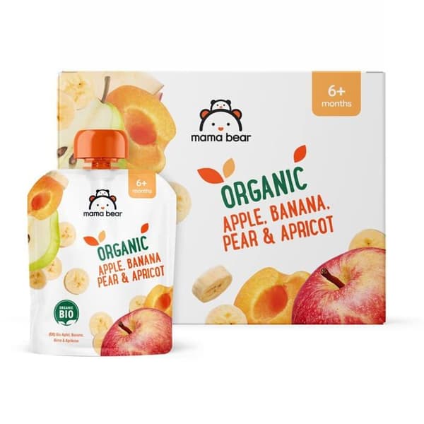 Fruktdesserter Mama bear - 52673 - Amazon-märke - Äpple-, banan-, päron- och aprikospuréer, 540g, 6-pack à 90g