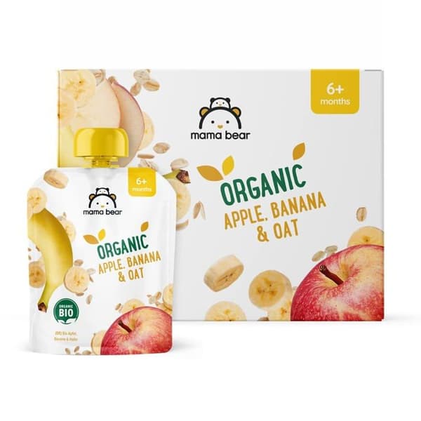Fruktiga desserter Mama bear - 52677 - Amazon-märke - Äpple-, banan- och havrepuré, Vegetarisk, 90 g (6-pack)