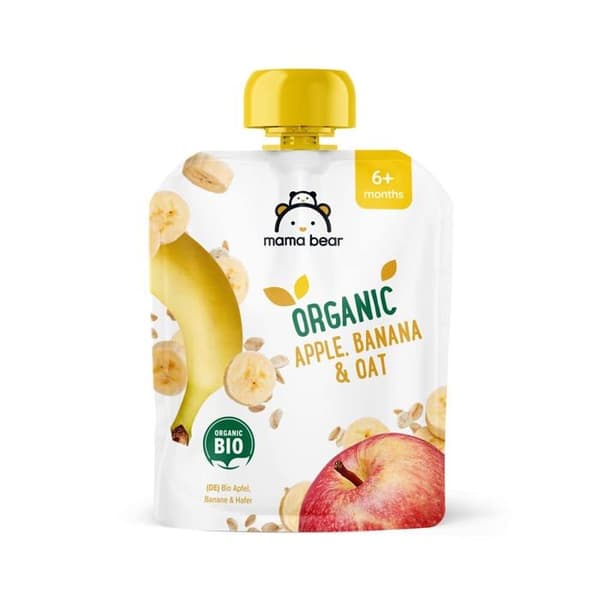 Fruktiga desserter Mama bear - 52677 - Amazon-märke - Äpple-, banan- och havrepuré, Vegetarisk, 90 g (6-pack)