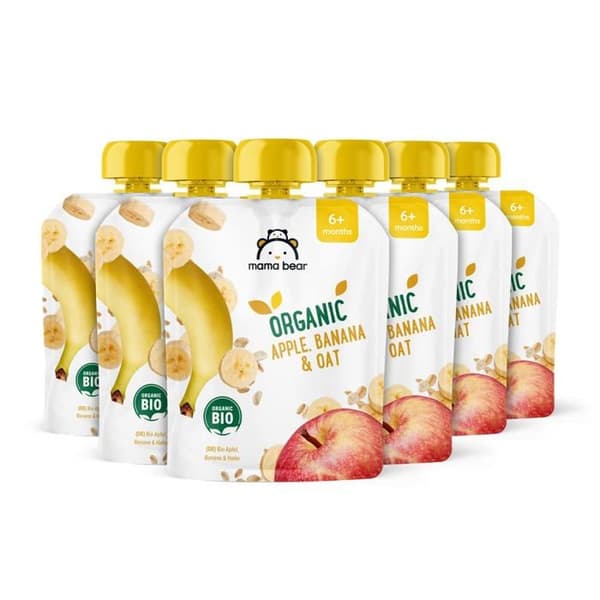 Fruktiga desserter Mama bear - 52677 - Amazon-märke - Äpple-, banan- och havrepuré, Vegetarisk, 90 g (6-pack)