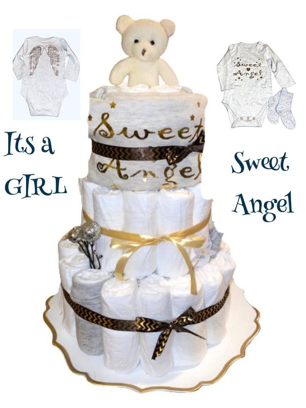 Blöjtårta XL till Babyshower GULD/SILVER FLICKA