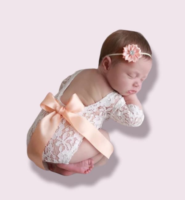Baby spets jumpsuit med hårband Ljusorange