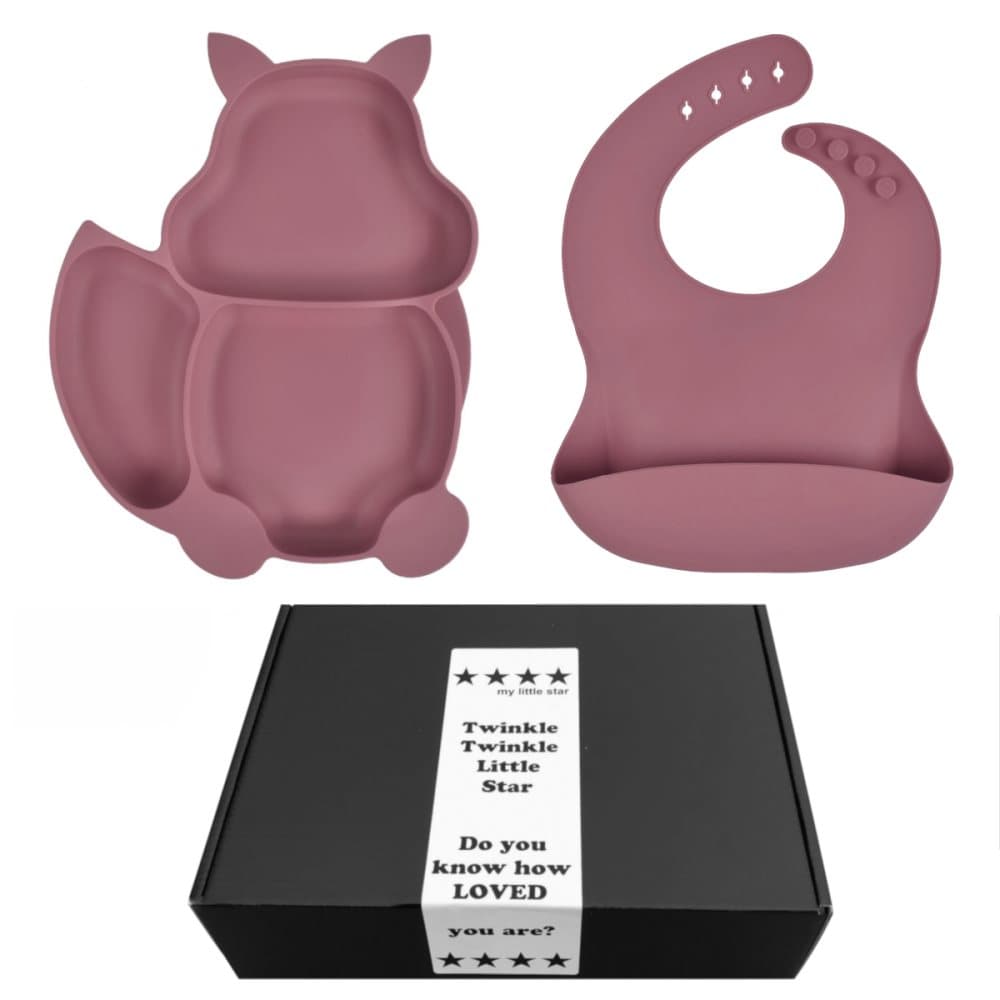 Barntallrik & Haklappsset i Silikon Dark Rose - Presentask bebis