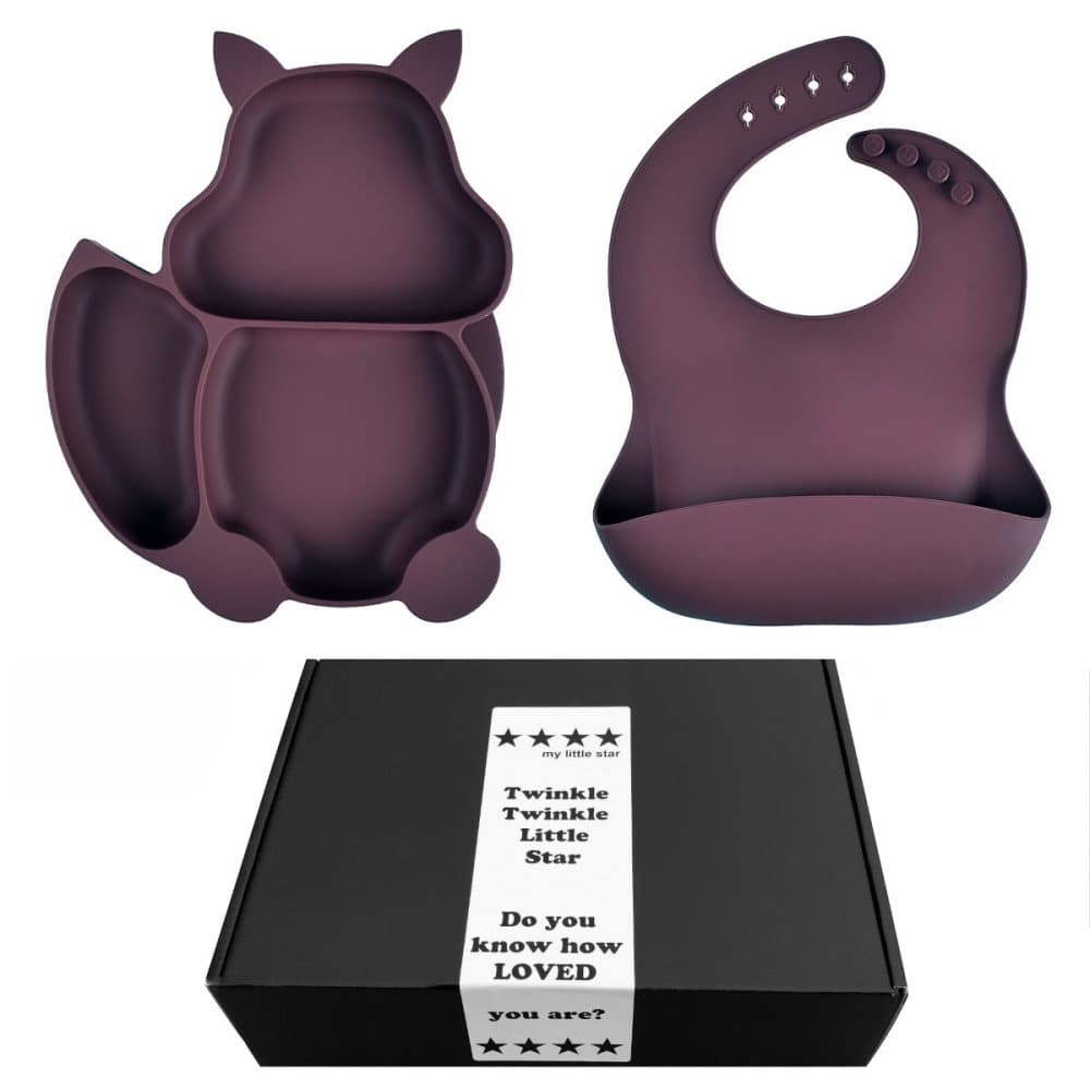 Barntallrik & Haklappsset i Silikon Mörklila - Presentask bebis